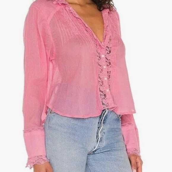 Free People Clemence Botton Down Blouse in Pink sz large NWOT - Picture 1 of 9